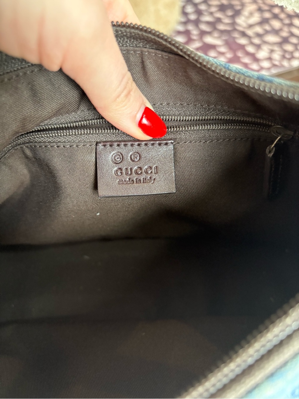 Gucci Blue Denim Monogram Shoulder Bag with Brown Leather Trim - Picture 8 of 12